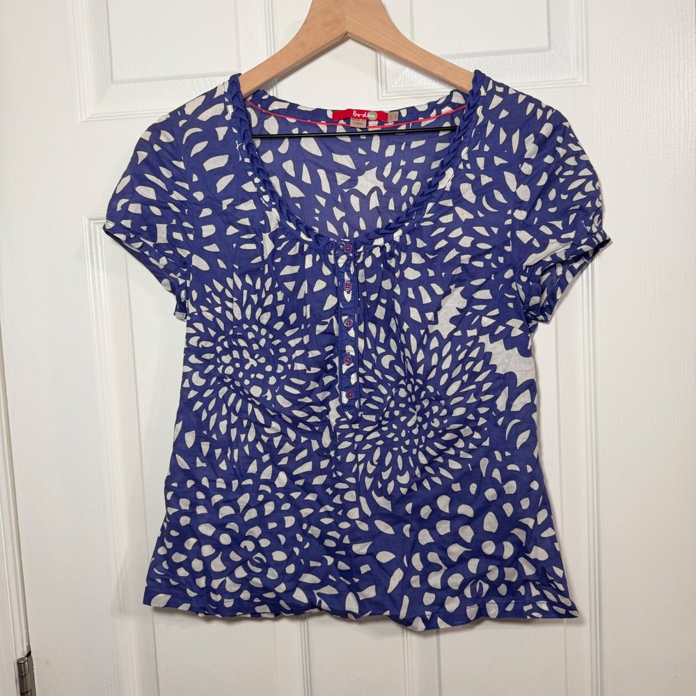 Boden Purple White Abstract Sunburst Print Cotton Henley Top Braided Neck US 6